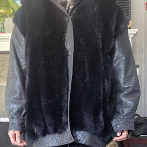 Vintage Desprit Dubrowsky And Perlbinder Luxurious Black Leather Fur Coat, XL